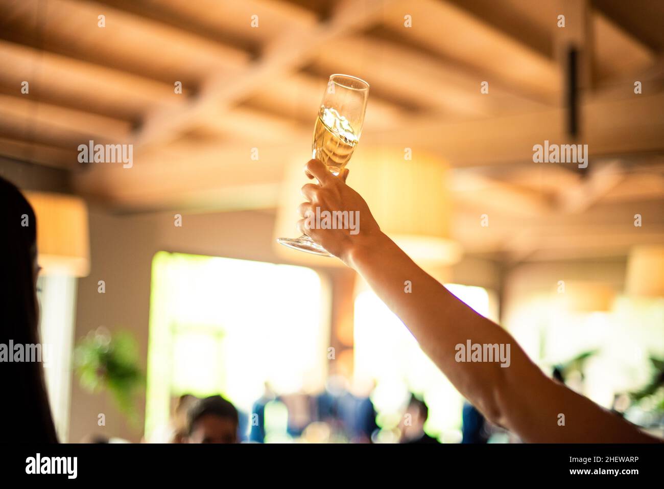 Arm raising a glass of champagne. Celebration, important day. New year. Stock Photo