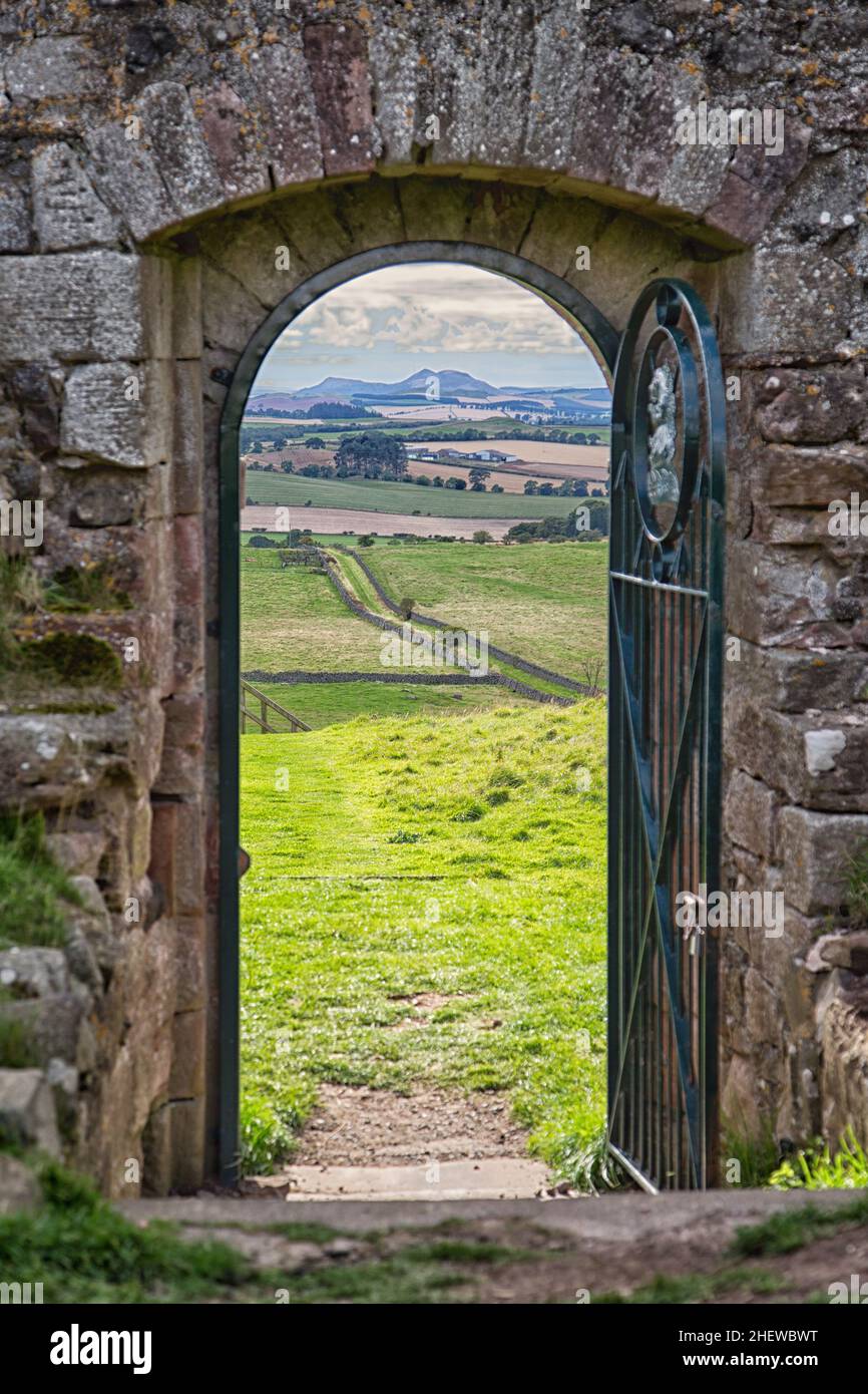 View from inside the walls of Hume Castle in the Scottish Borders Stock Photo