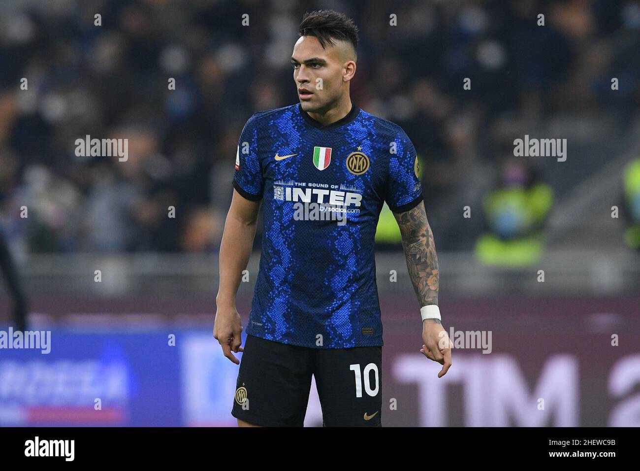 Milan, Italy. 12th Jan, 2022. Lautaro Martinez of FC Internazionale during the Italian SuperCup Final match between FC Internazionale and Juventus FC at Stadio Giuseppe Meazza, Milan, Italy on 12 January 2022. Credit: Giuseppe Maffia/Alamy Live News Stock Photo