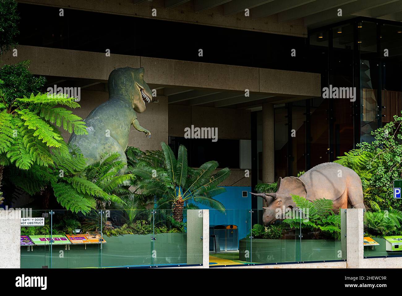 Dinosaurs on display outside Queensland Museum, Southbank, Brisbane Queensland Australia Stock Photo