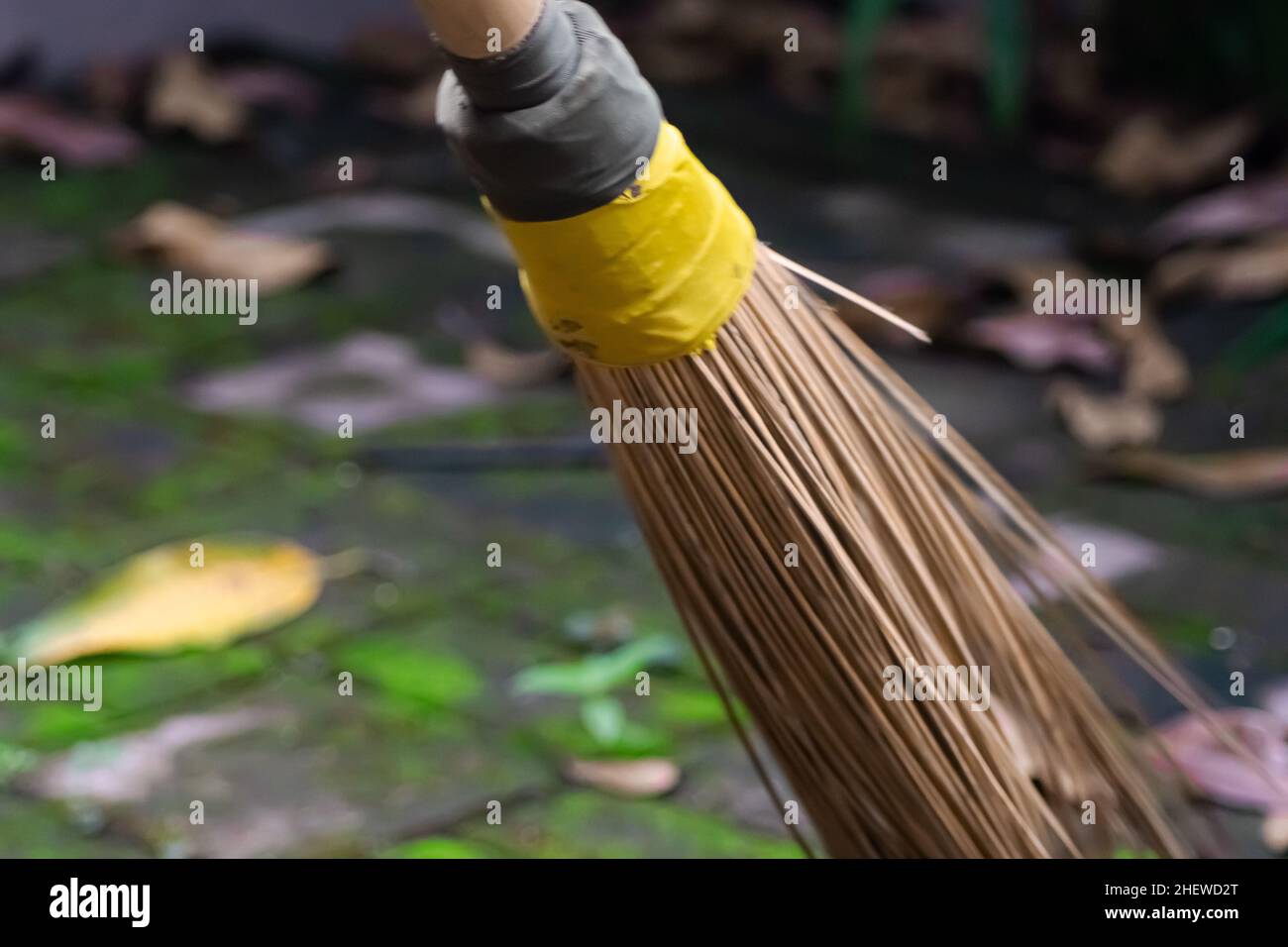 brown bamboo broom stick sweeping the front home yard from the fallen dried  leaves from the tree to be clean and tidy Stock Photo - Alamy