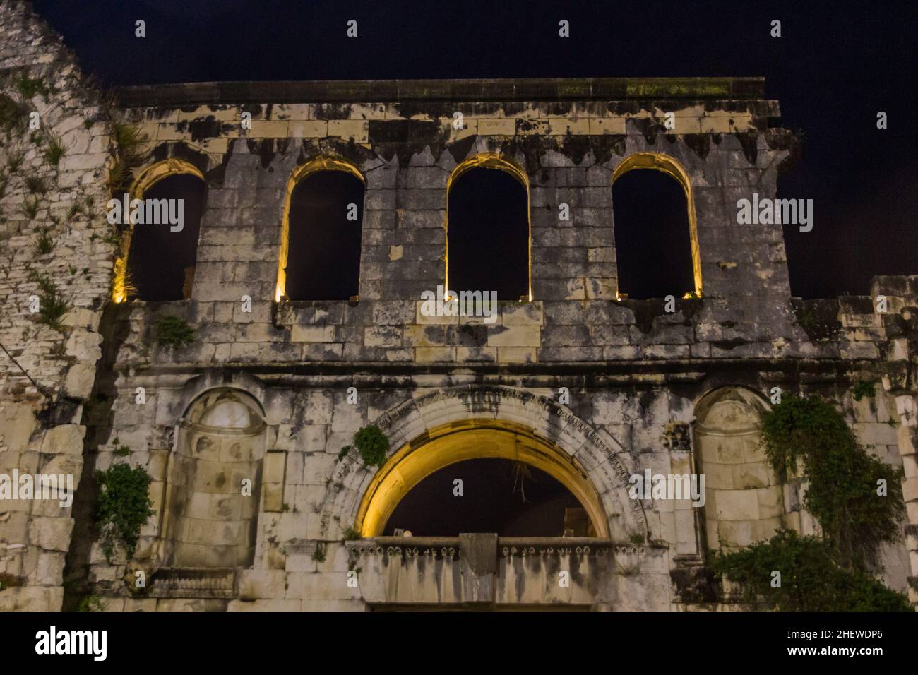 Night view of ancient ruins in Split, Croatia Stock Photo