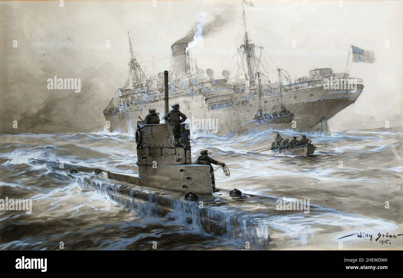 U-Boat U21 sinking the Linda Blanche off Liverpool in 1915 Stock Photo