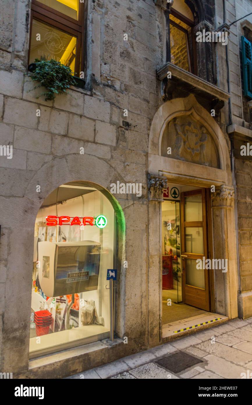 SPLIT, CROATIA - MAY 27, 2019: View of Spar supermarket in the old town of Split, Croatia Stock Photo