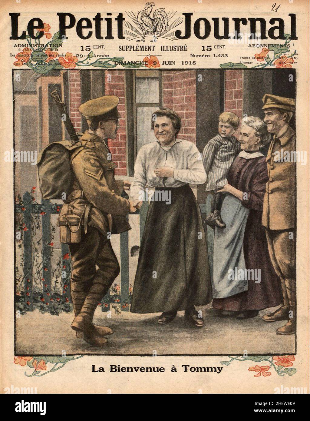 The front cover of the French newspaper Le Petit Journal showing an elderly lady talking a to a British soldier with the caption 'Bienvenue à Tommy' Stock Photo