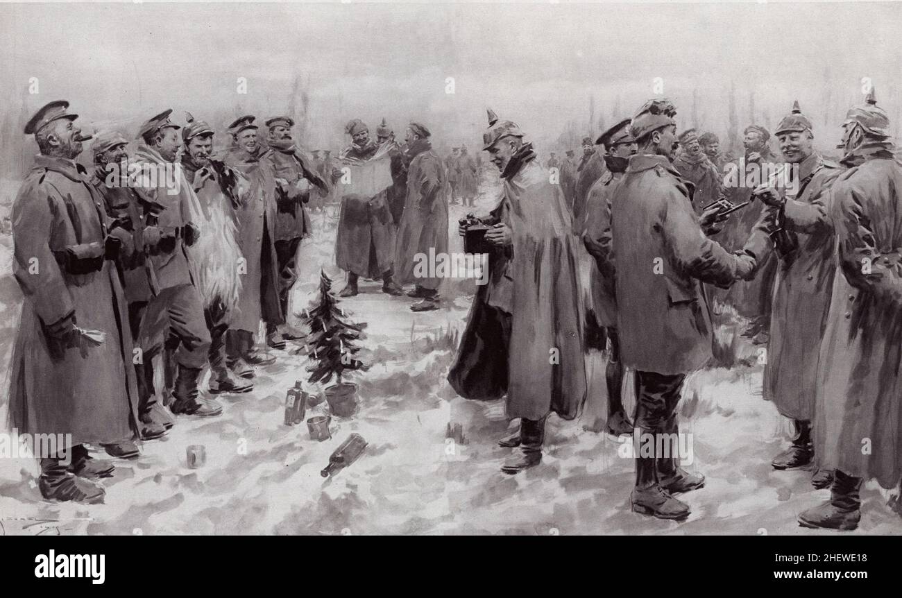 A drawing of the famous Christmas Truce of 1914, when German and British soldiers left their trenches to meet, talk and swap food in no-mans land. Stock Photo