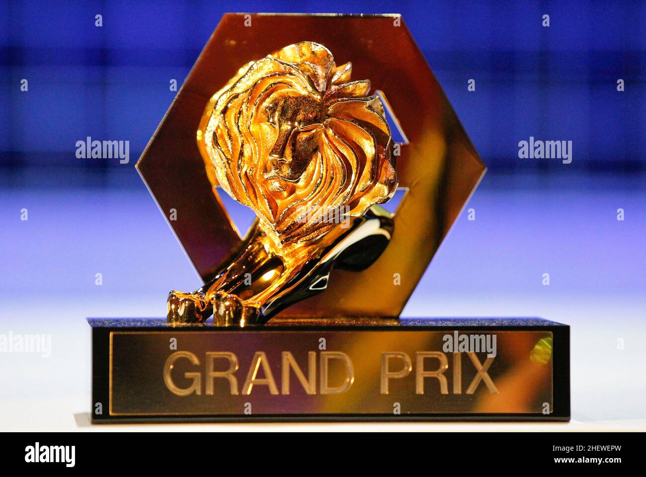 Cannes, France - June 21, 2011: Cannes Lions International Festival of Creativity by Ascential with the Grand Prix Trophy Awards at the Palais des Festivals. Award, Lion, Advertising, Trophäe, Werbung, Marketing, Loewe. Mandoga Media Germany Stock Photo