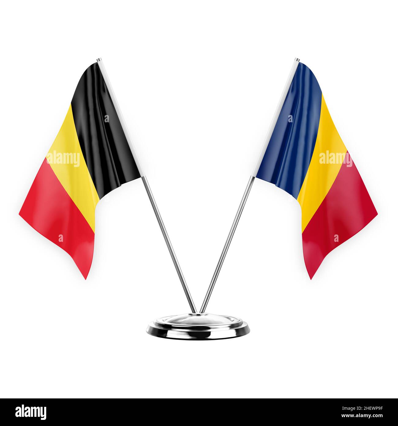 Two table flags isolated on white background 3d illustration, belgium ...