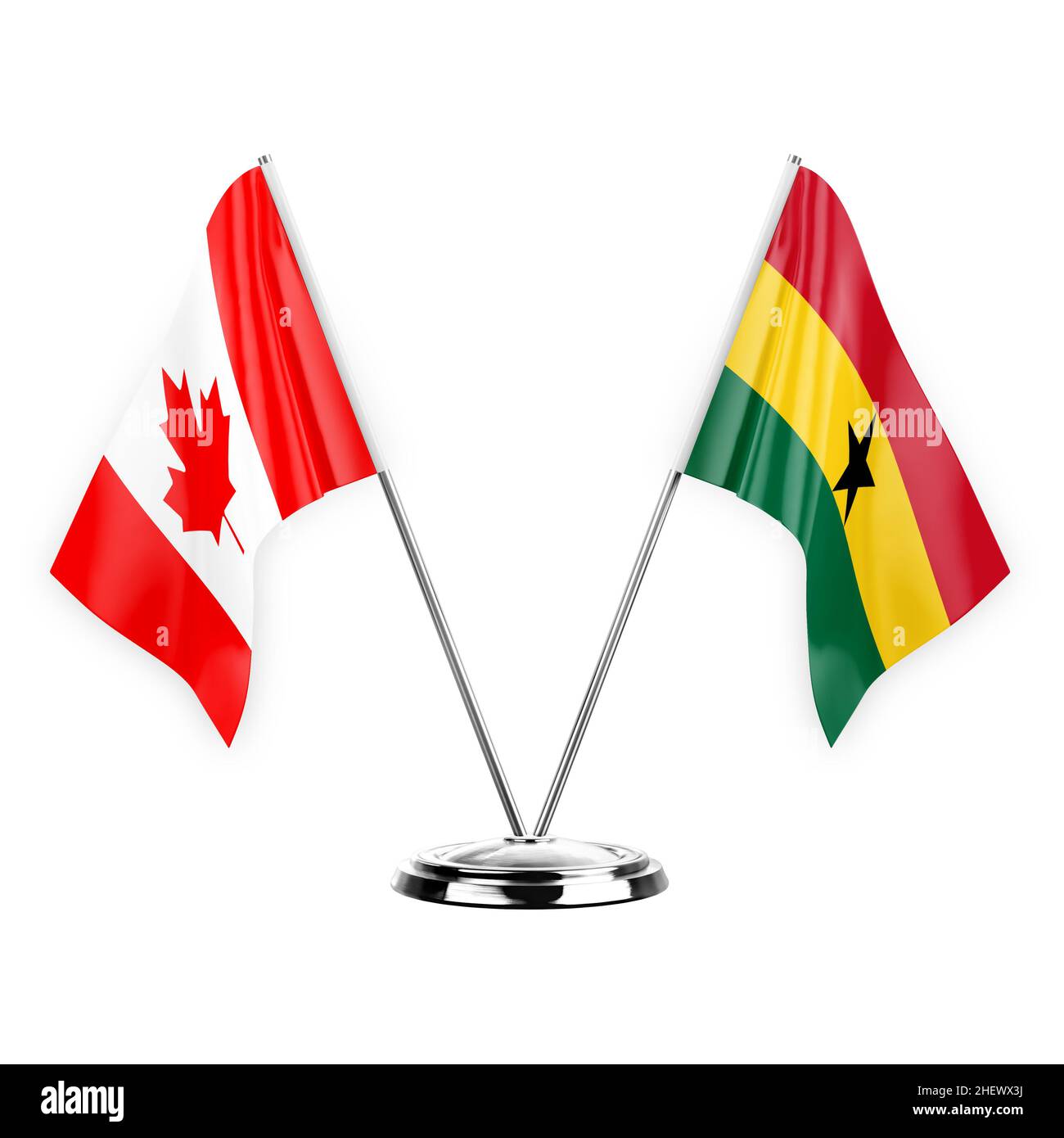 Two table flags isolated on white background 3d illustration, canada and ghana Stock Photo