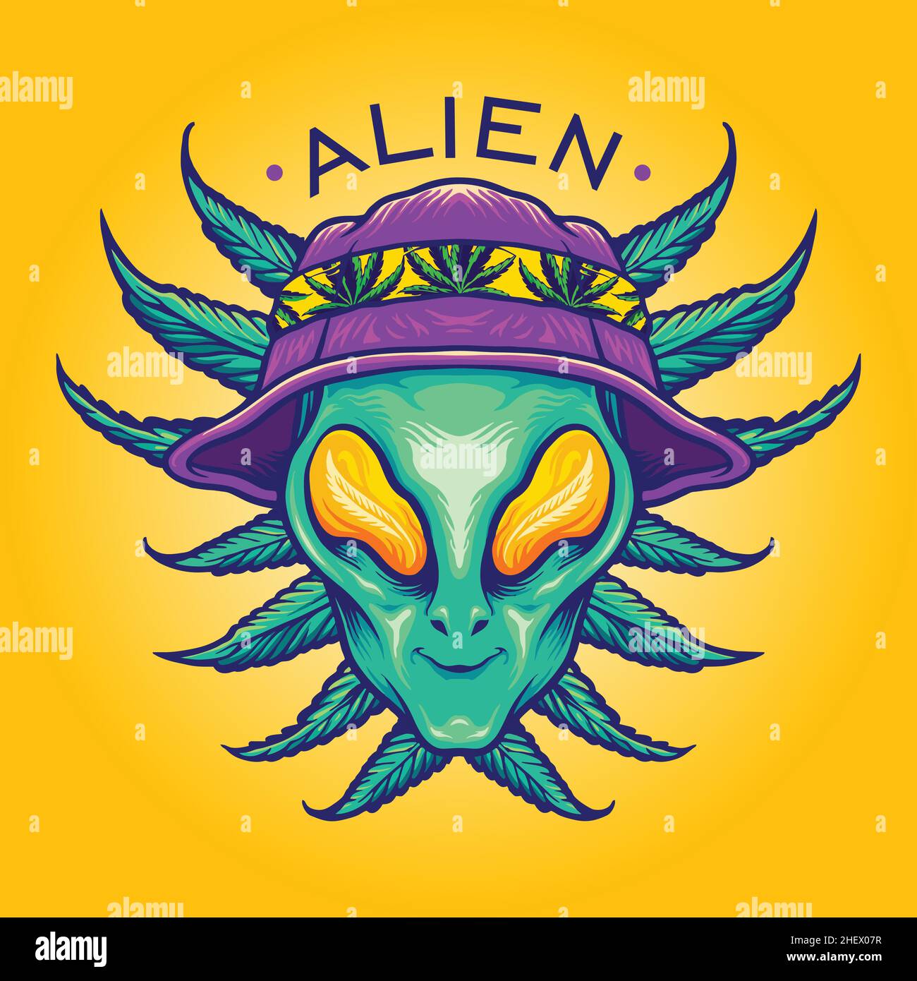 Alien Summer Weed Cannabis Mascot Vector illustrations for your work Logo, mascot merchandise t-shirt, stickers and Label designs, poster Stock Vector