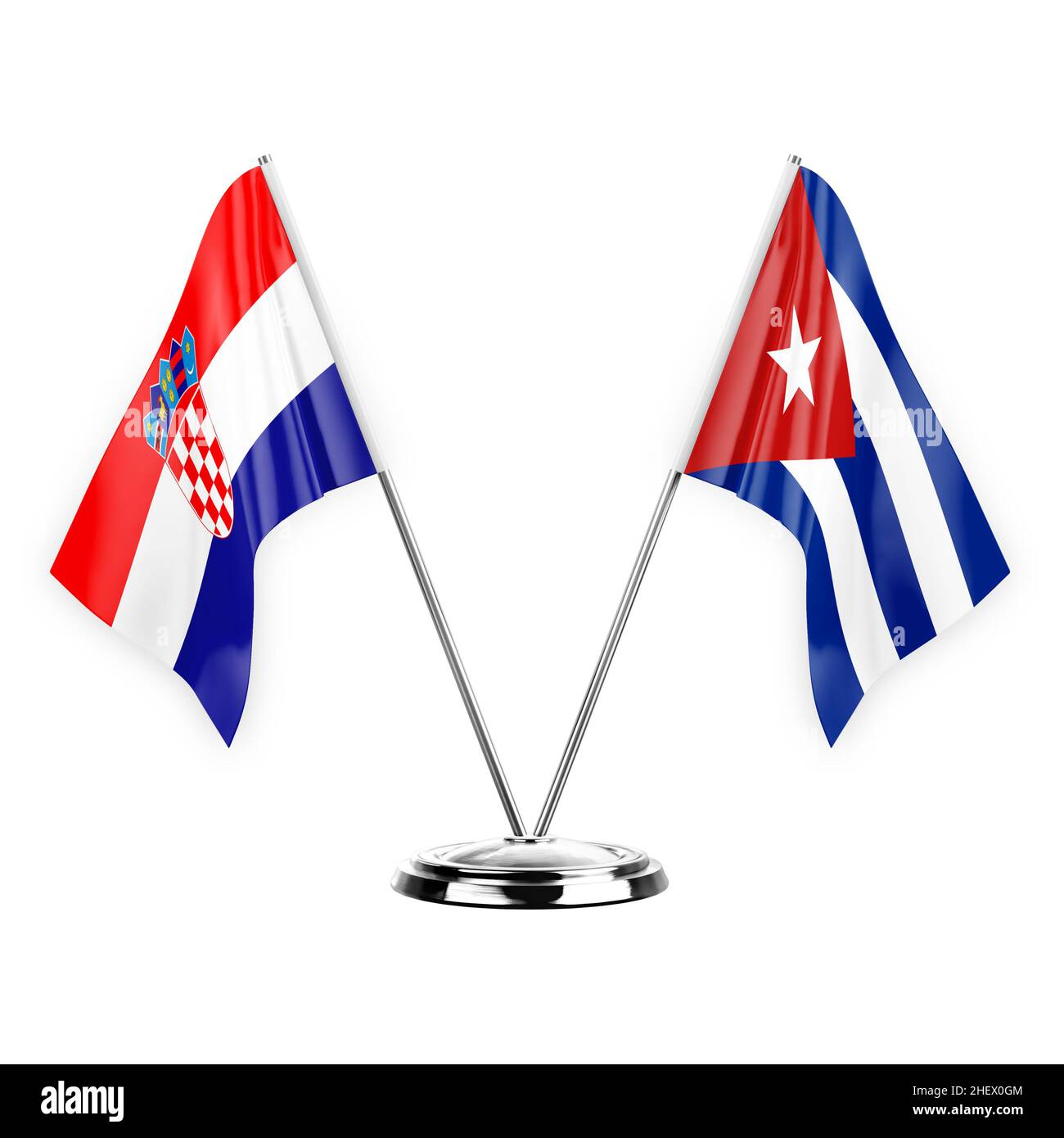 Two table flags isolated on white background 3d illustration, croatia and cuba Stock Photo