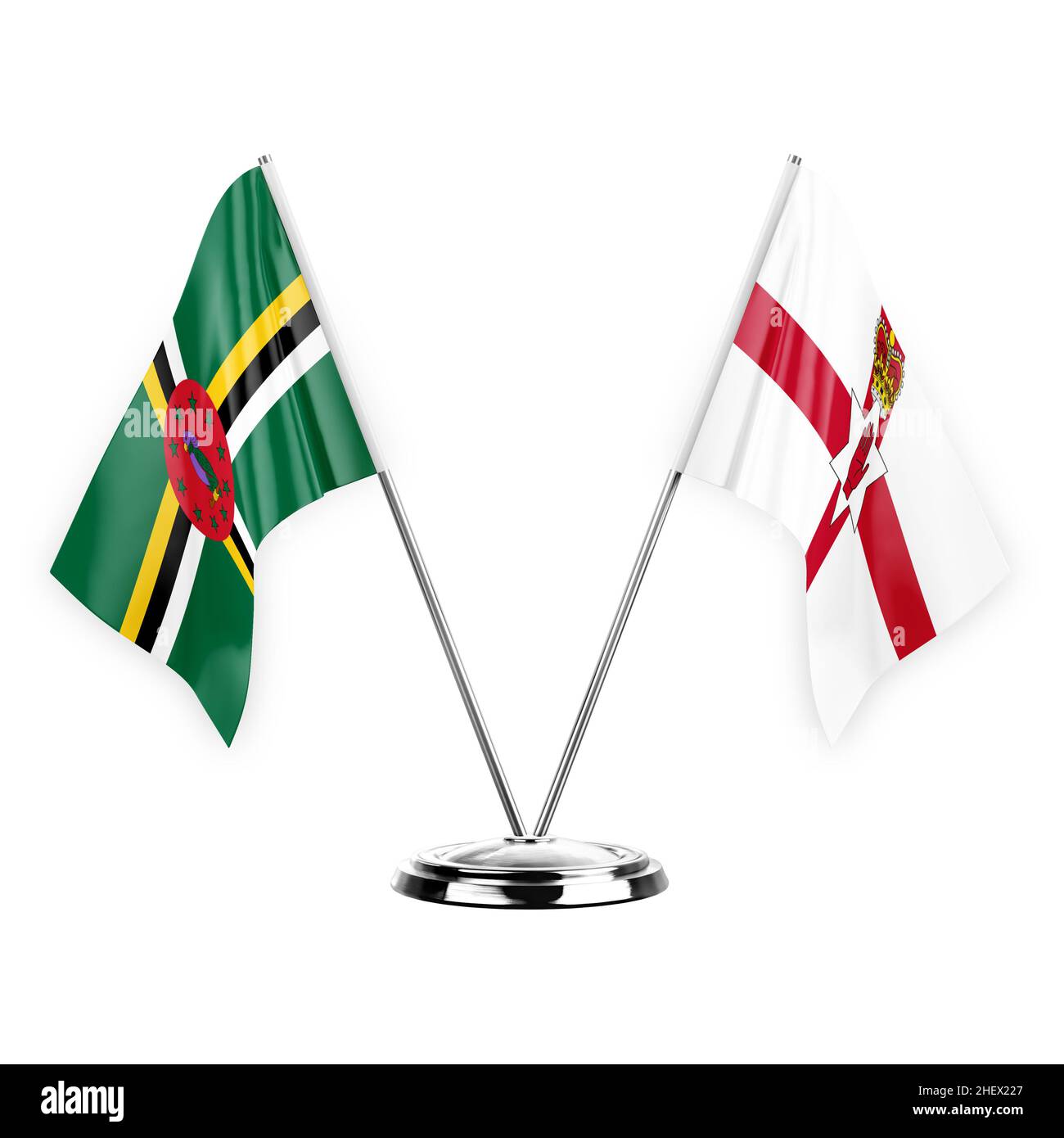 Two table flags isolated on white background 3d illustration, dominica ...