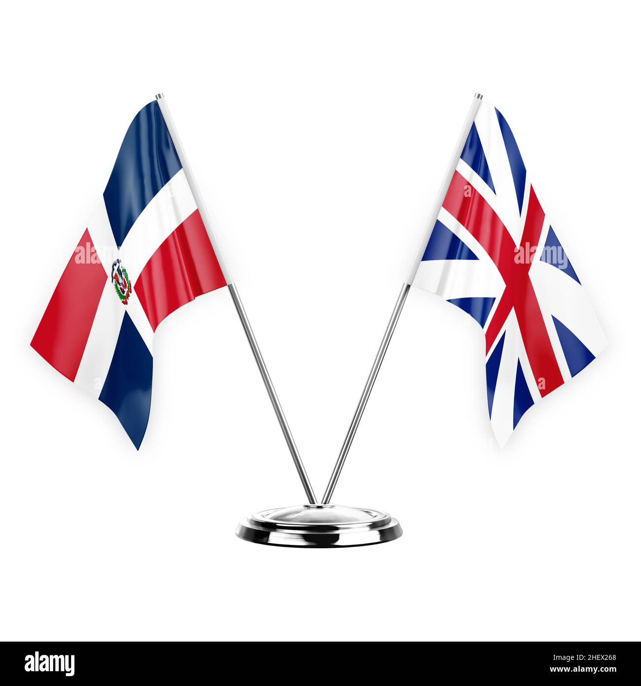 Two table flags isolated on white background 3d illustration, dominican ...
