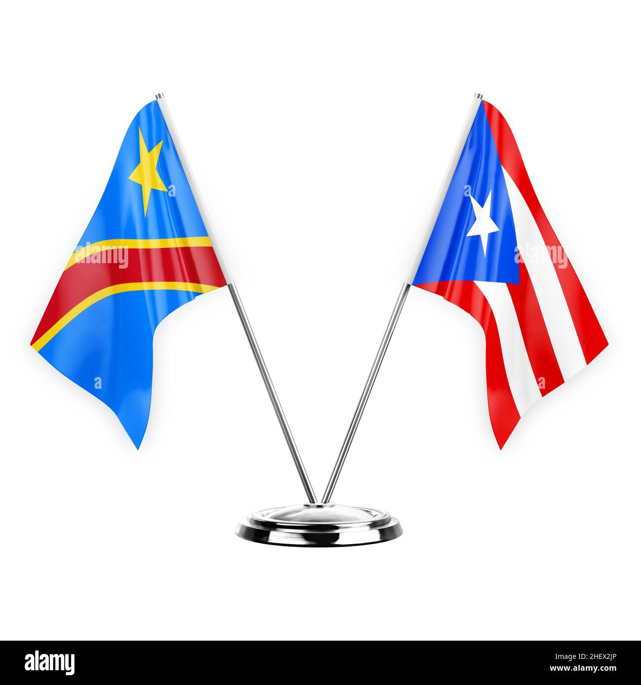 Two table flags isolated on white background 3d illustration, dr congo and puerto rico Stock Photo