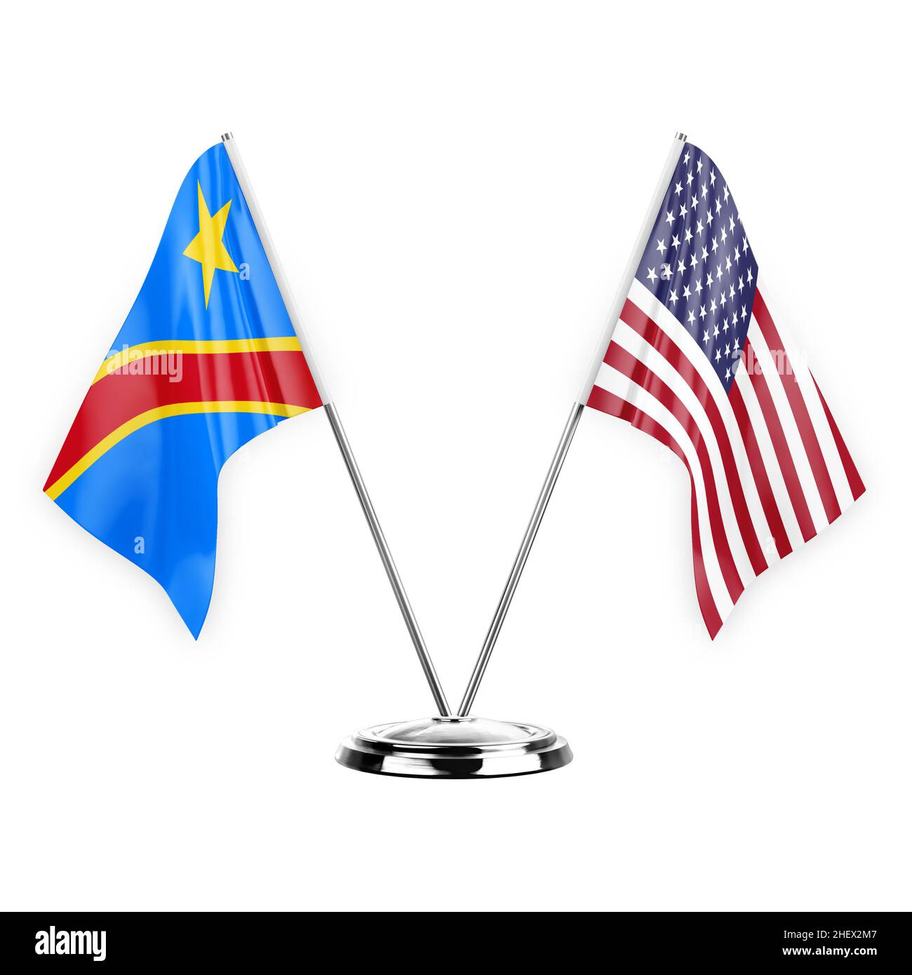 Two table flags isolated on white background 3d illustration, dr congo and usa Stock Photo