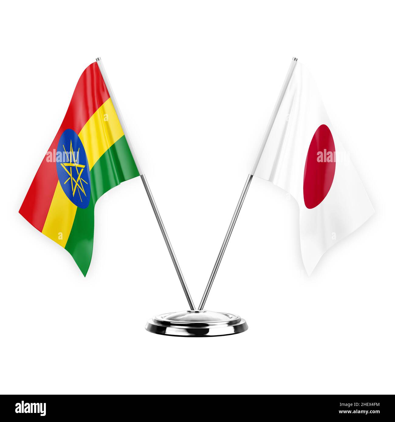 Two table flags isolated on white background 3d illustration, ethiopia and japan Stock Photo