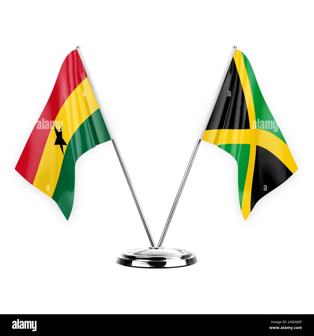 Two table flags isolated on white background 3d illustration, ghana and