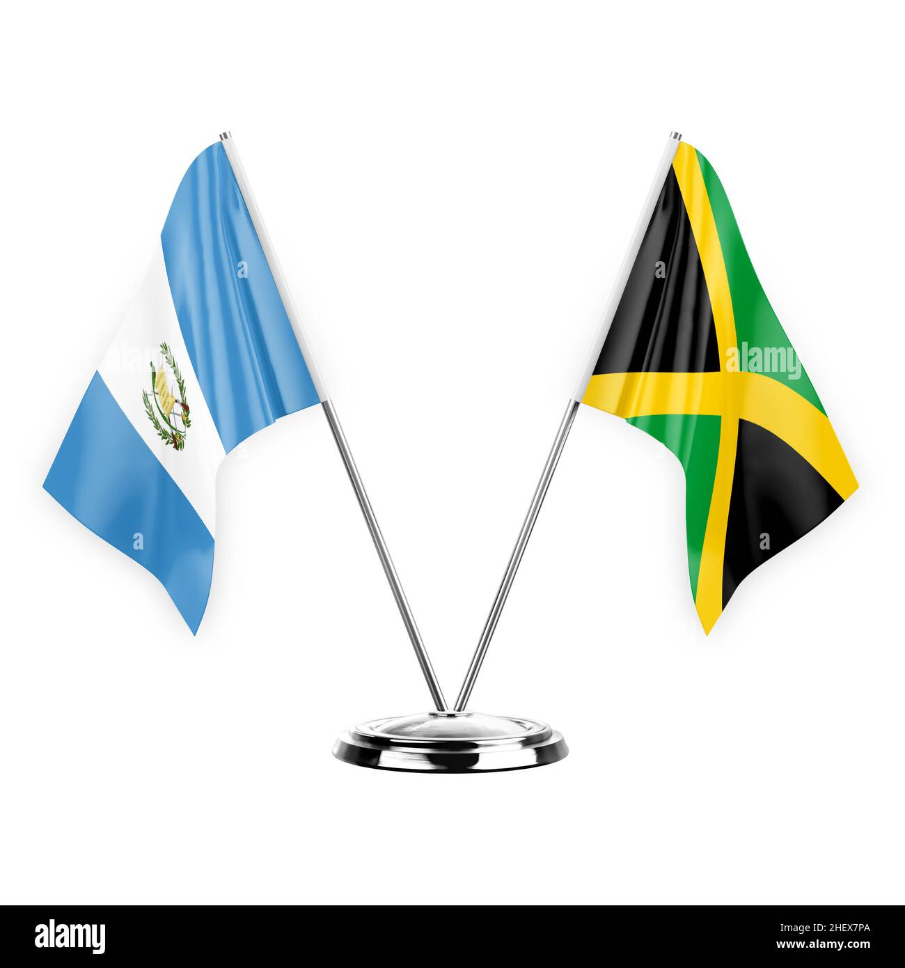 Two table flags isolated on white background 3d illustration, guatemala and jamaica Stock Photo