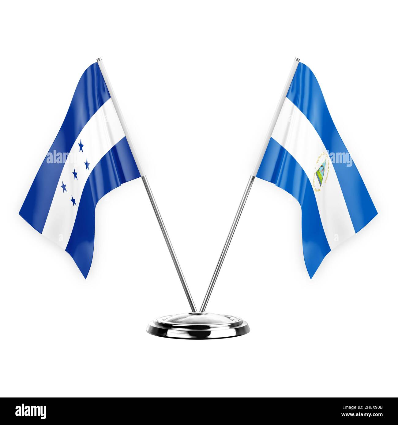 Two table flags isolated on white background 3d illustration, honduras