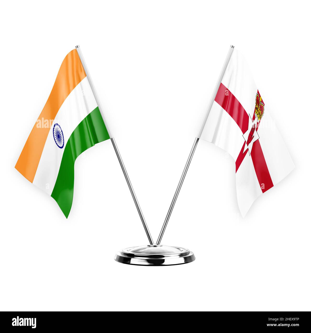 Two table flags isolated on white background 3d illustration, india and ireland Stock Photo