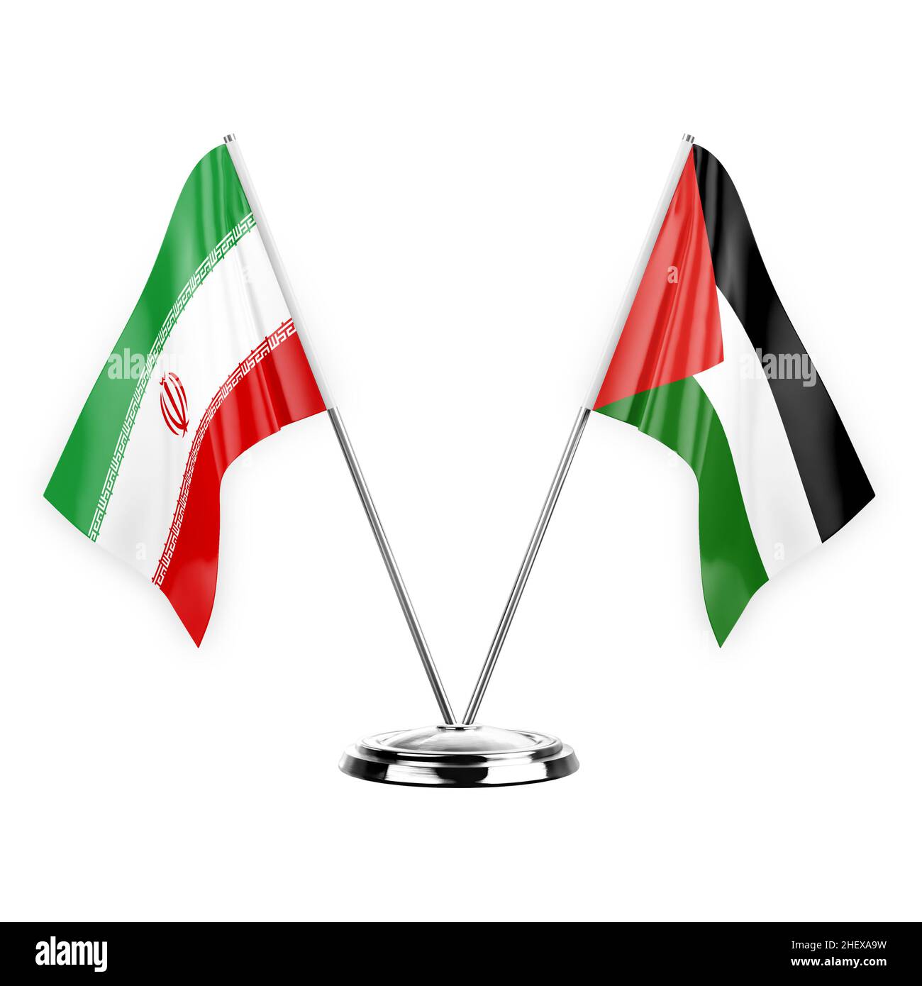 Two table flags isolated on white background 3d illustration, iran and palestine Stock Photo