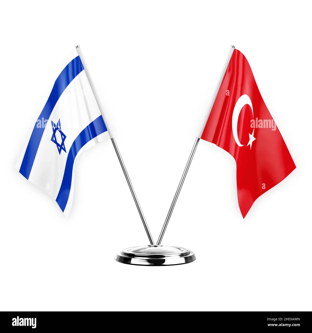 Two table flags isolated on white background 3d illustration, israel and turkey Stock Photo