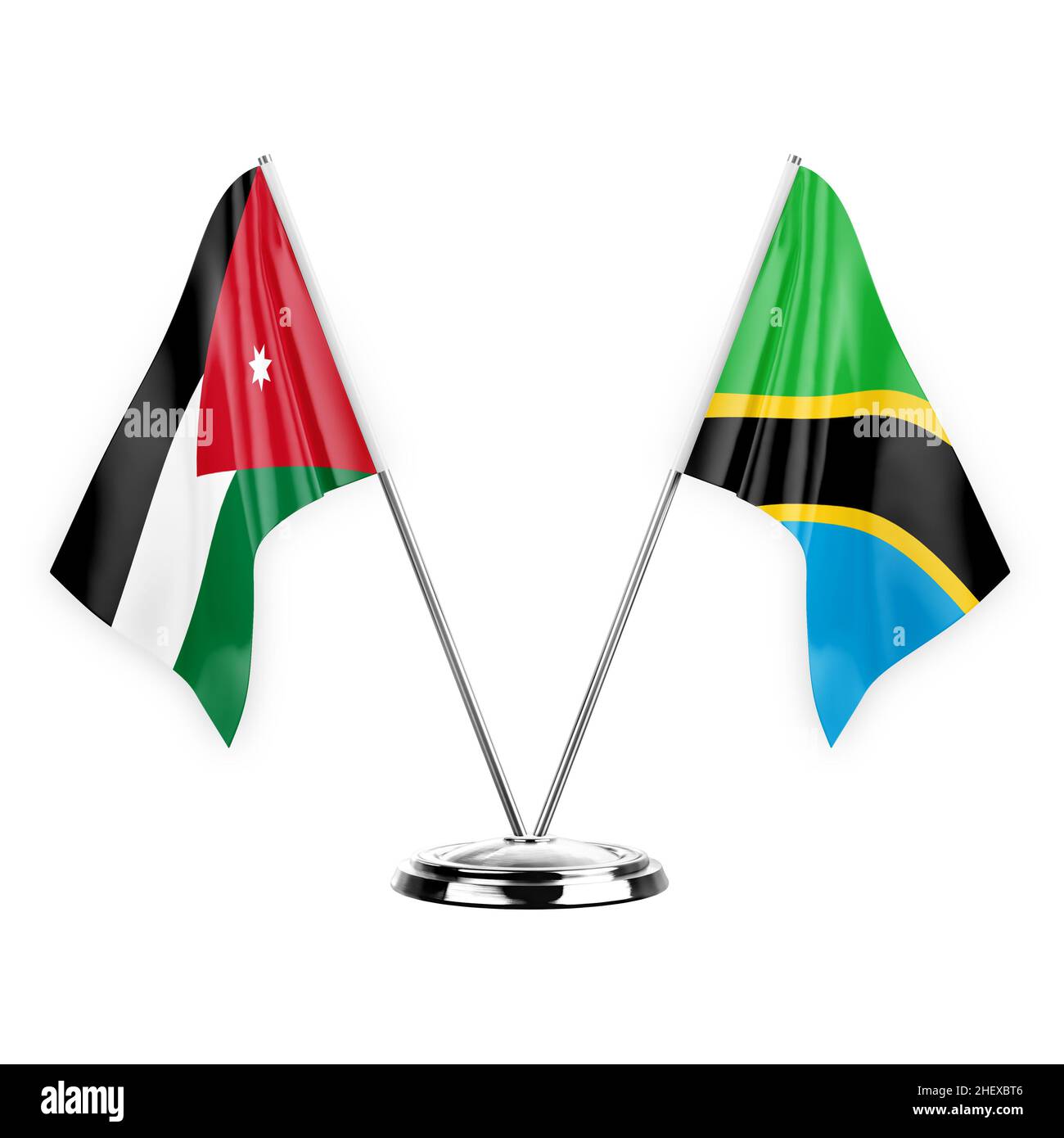 Two table flags isolated on white background 3d illustration, jordan and tanzania Stock Photo