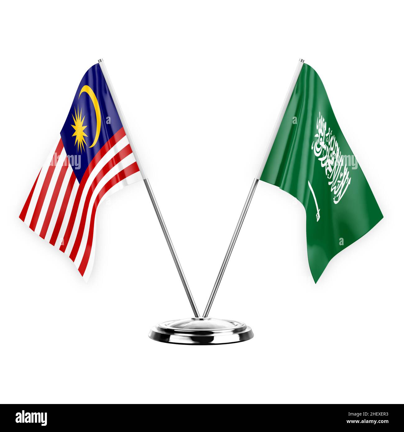 Two table flags isolated on white background 3d illustration, malaysia and saudi arabia Stock Photo