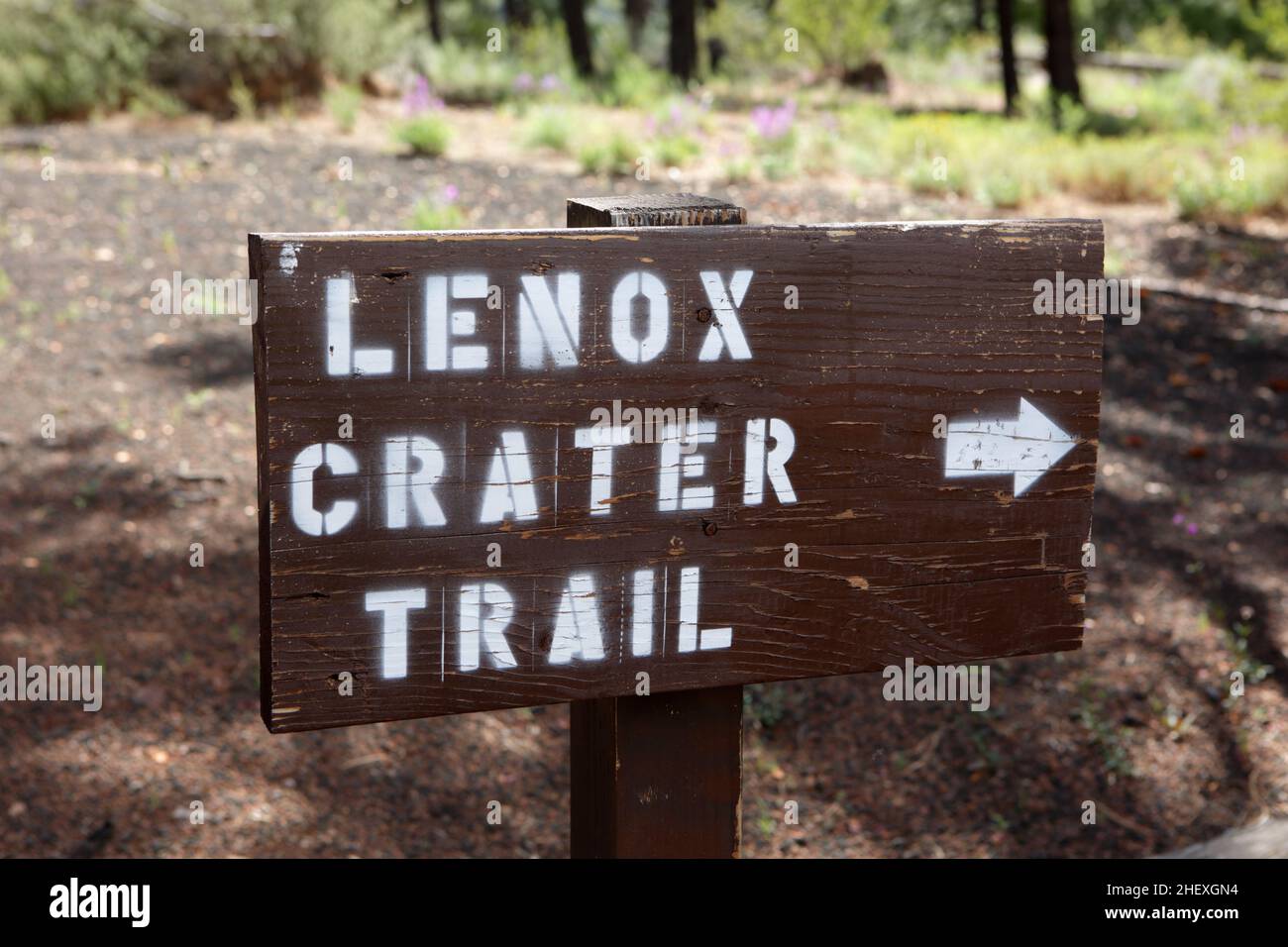 Lenox Crater hiking trail sign in the Sunset Crater Volcano National Monument, Arizona, USA Stock Photo