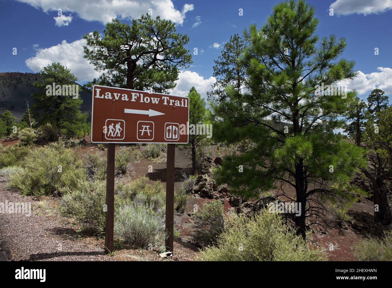 Lava Flow Trail sign in the Sunset Crater Volcano National Monument, Arizona, USA Stock Photo