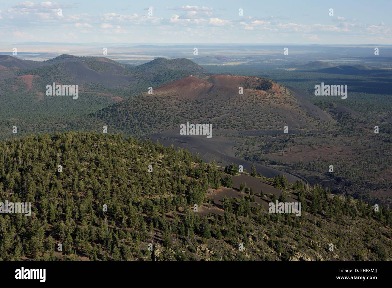 Aerial view of the Sunset Crater cinder cone volcano and Bonito Lava Flow from the O'Leary Peak, north of Flagstaff, AZ, USA Stock Photo