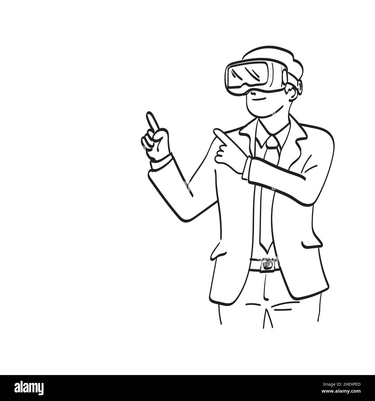 line art businessman with vr goggles pointing with finger at objects in digital world illustration vector hand drawn isolated on white background Stock Vector