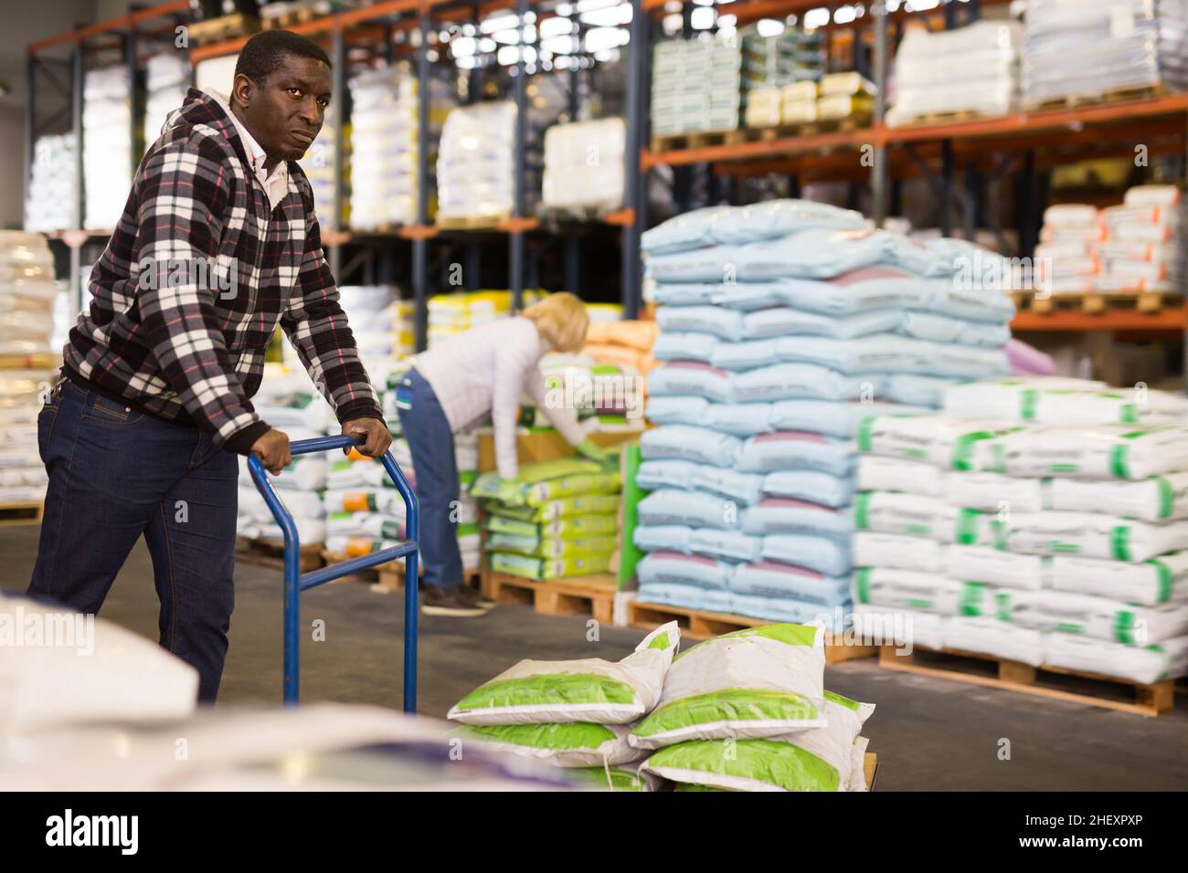 Adult African American worker pushing handtruck Stock Photo
