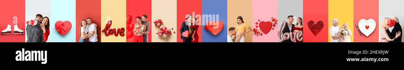 Different happy couples on color background with space for text. Valentine's Day celebration Stock Photo