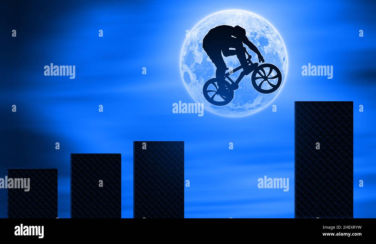 Biking in front the moon and growing at night Concept. Biker Doing a Great Jump Over the Graph Stairs To get to the higher level. Sport and Business Stock Photo