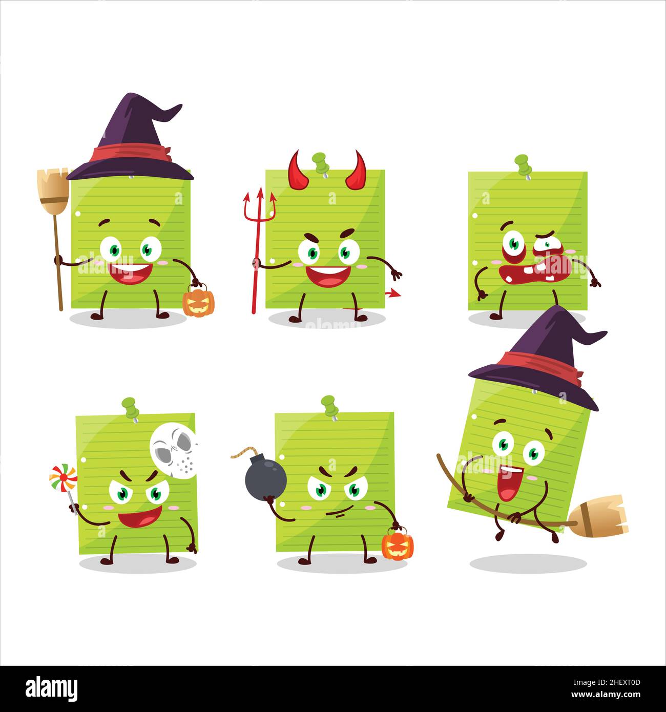 Halloween expression emoticons with cartoon character of green sticky notes. Vector illustration Stock Vector