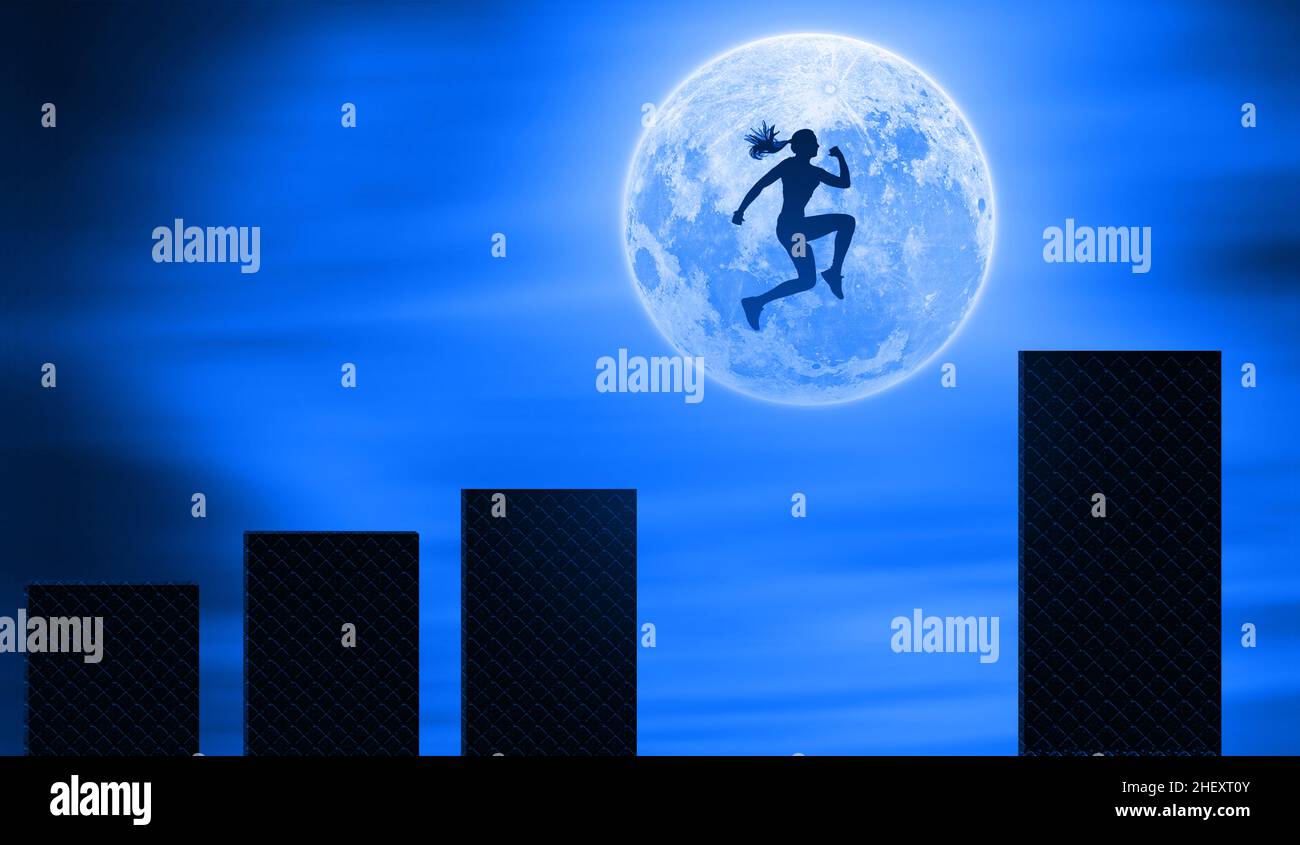 Business Woman Jumps to the Higher Stair On Graph in front of the Moon Light. Businesswoman Growth, level Up and Ambition Concept Stock Photo