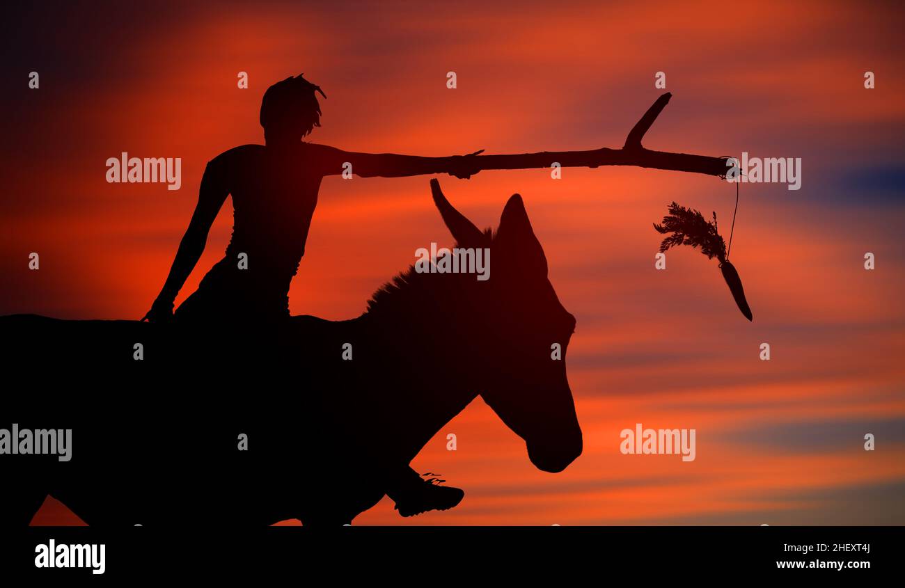 Carrot Stick Theory Concept With Donkey Silhouette. Man Riding The Mule