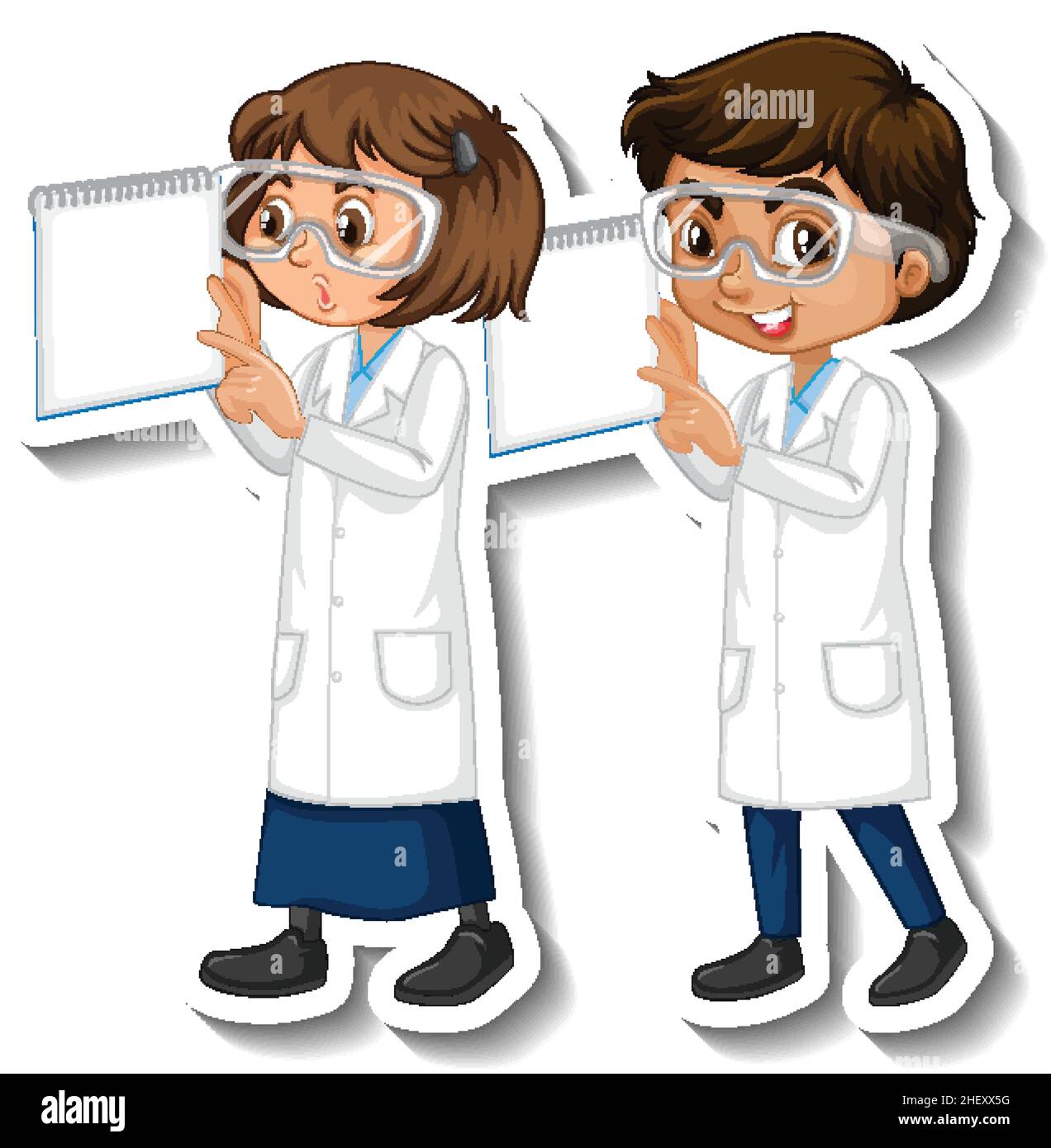Scientist couple kids holding board empty cartoon character sticker ...