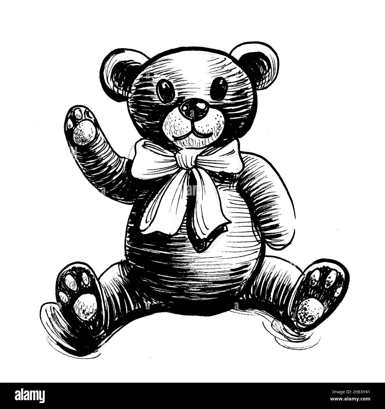Sitting Teddy Bear toy. Ink black and white drawing Stock Photo