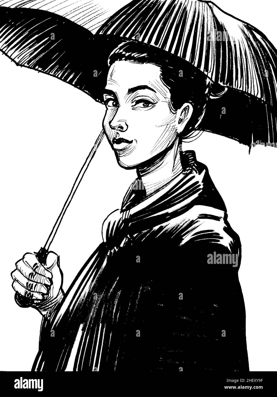 Pretty girl standing under umbrella. Ink black and white drawing Stock