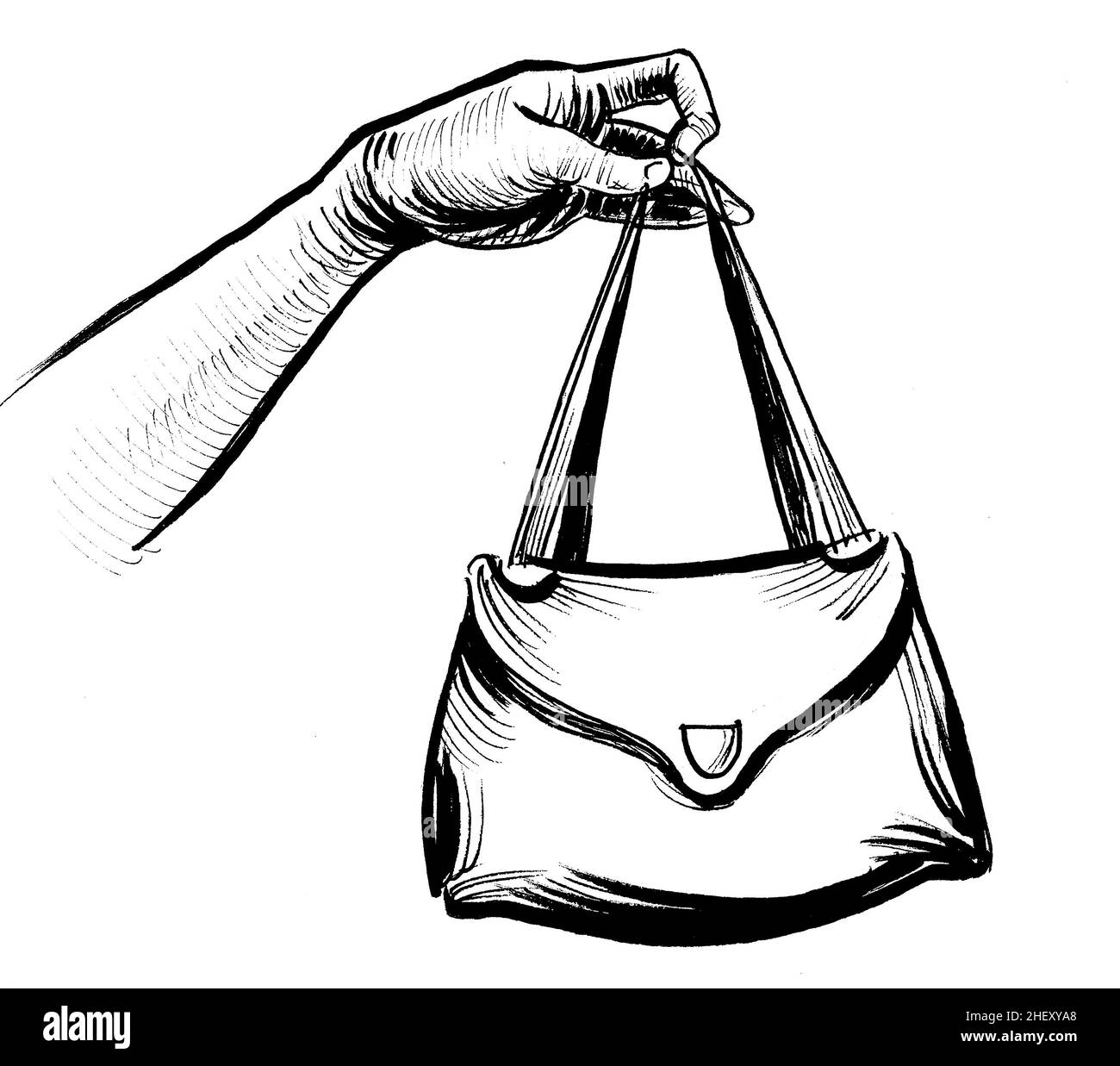 Hand holding a leather vanity bag. Ink black and white drawing Stock