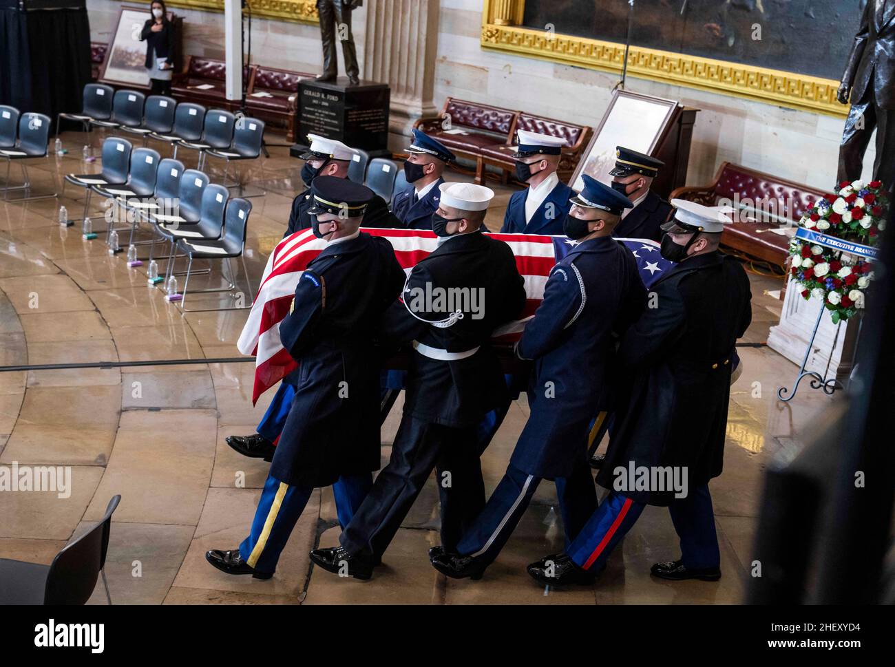 The casket containing the remains to the late Sen. Harry Reid, D-Nev., is escorted to lie in state in the U.S. Capitol Rotunda on Wednesday, January 12, 2022. Photo By Tom Williams/Pool/ABACAPRESS.COM Stock Photo