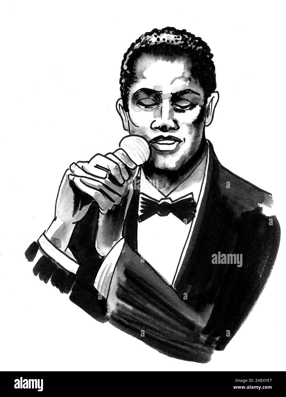 Jazz singer with a microphone. Ink black and white drawing Stock Photo