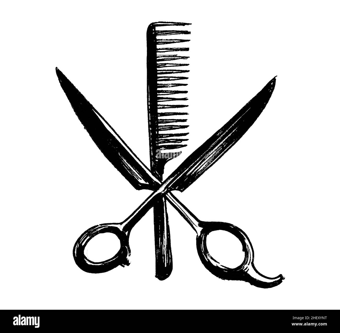 Scissors and brush hairdresser tools. Ink black and white drawing Stock