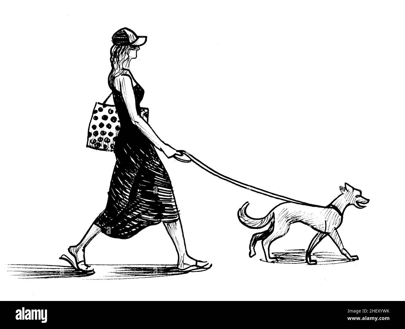 Girl walking with a dog. Ink black and white drawing Stock Photo