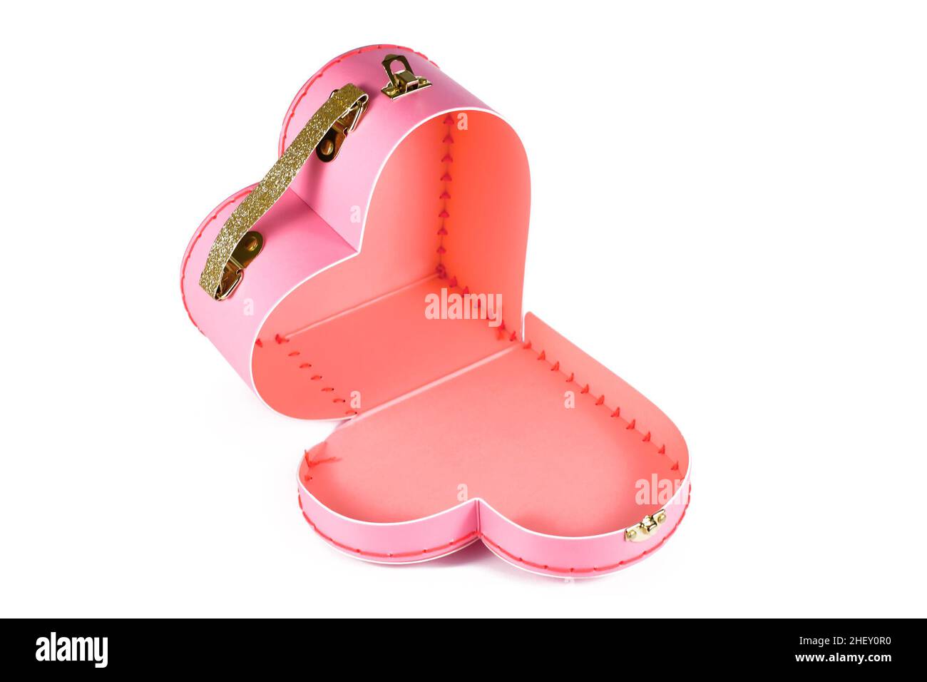 Pink open heart shaped Valentine's day suitcase on white background Stock Photo