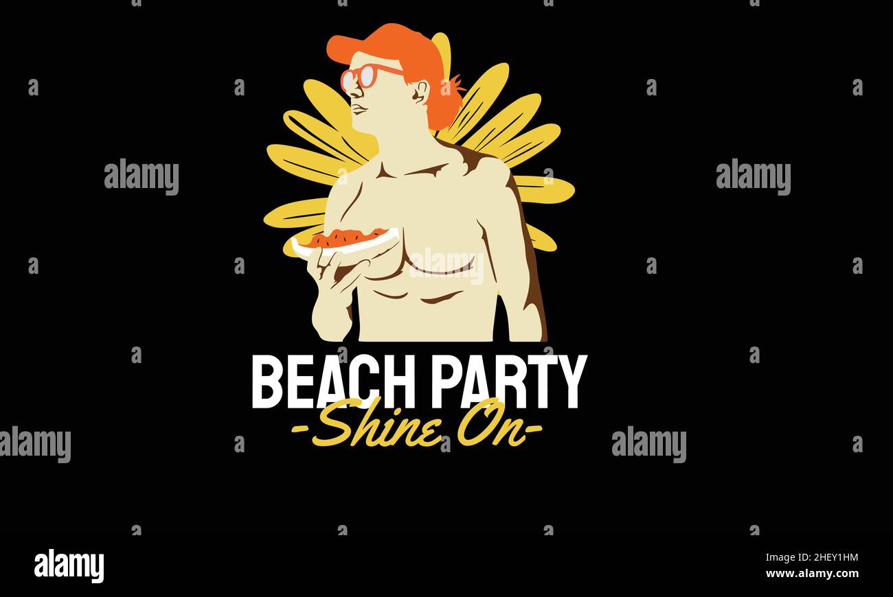 beach party shine on man eating watermelon summer design t-shirt monogram text vector template Stock Vector