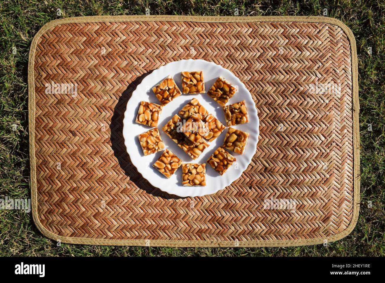 Peanut candy bars traditional Indian sweets peanut chikki served and