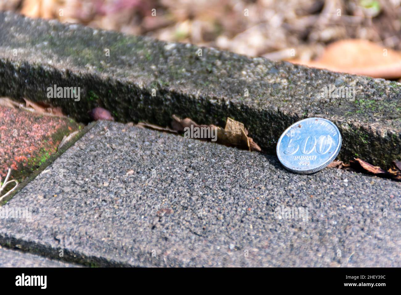Silver coin dropped on the gray paving stones on the city pavement ...